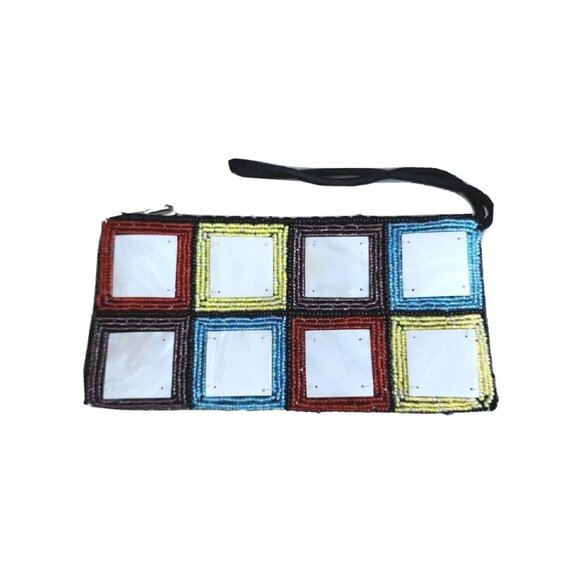 Mad BD Genuine Square Mother-of-Pearl Beaded Coin Bag/Wristlet/Cell Phone Case - Picture 2 of 10